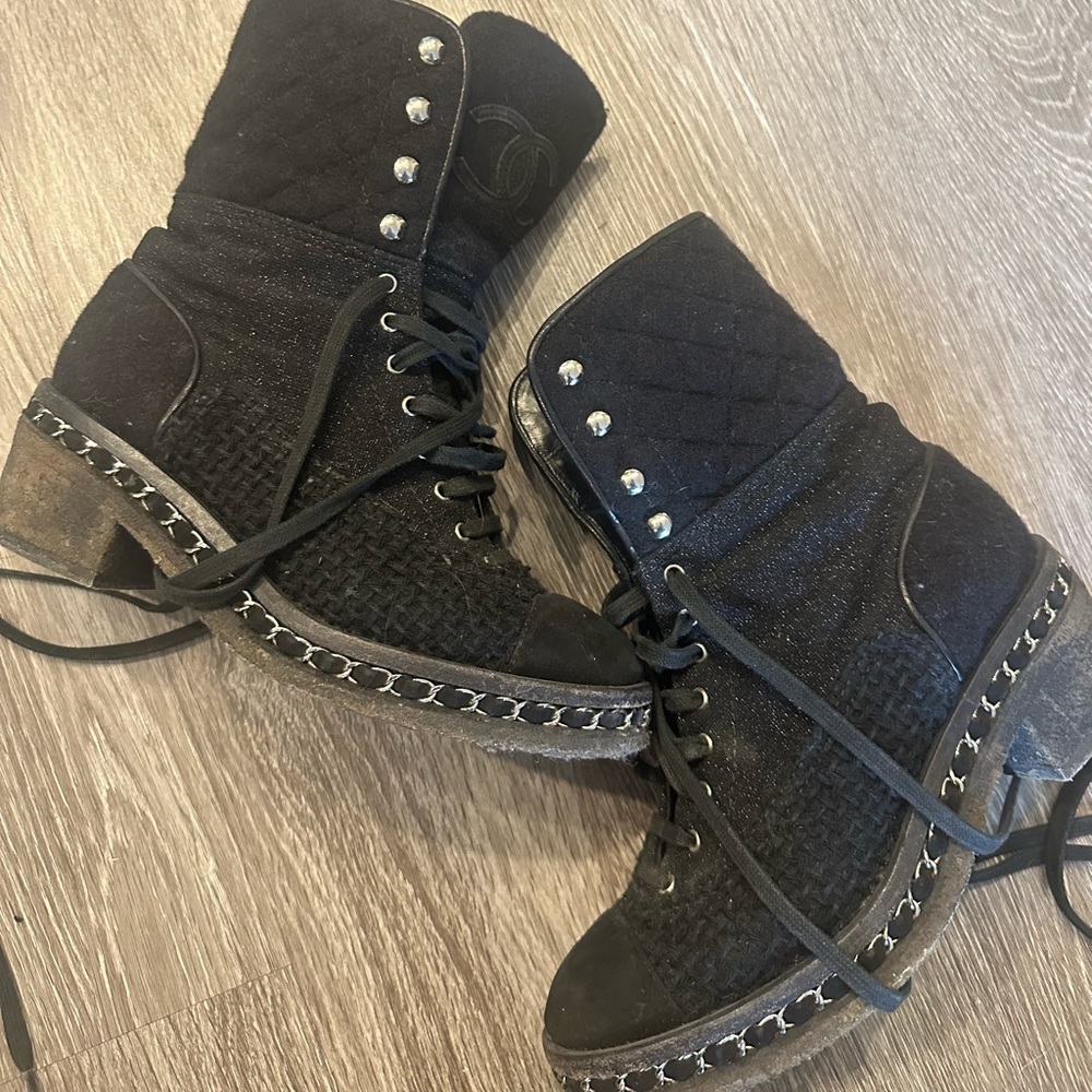 Chanel tweed combat boots